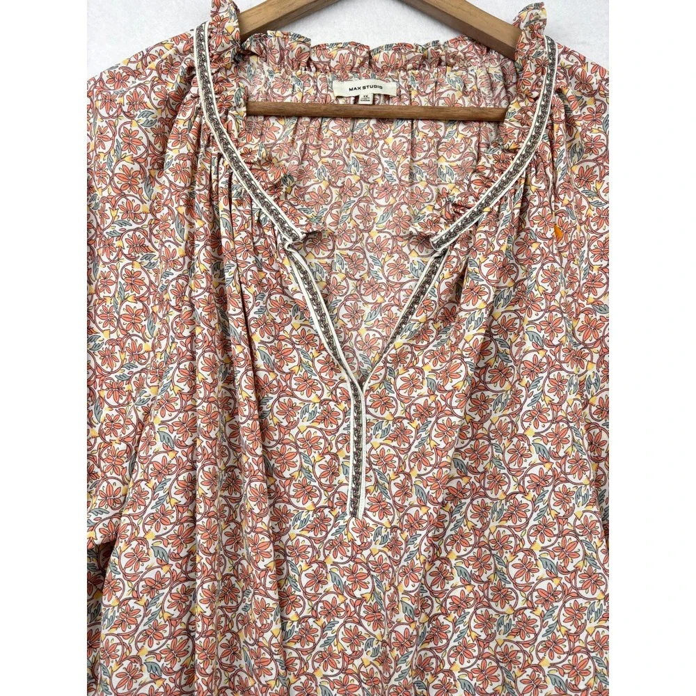 Max Studio Floral Blouse Womens 1X Ruffle Neck Peasant Top Boho Cottagecore - Picture 3 of 7